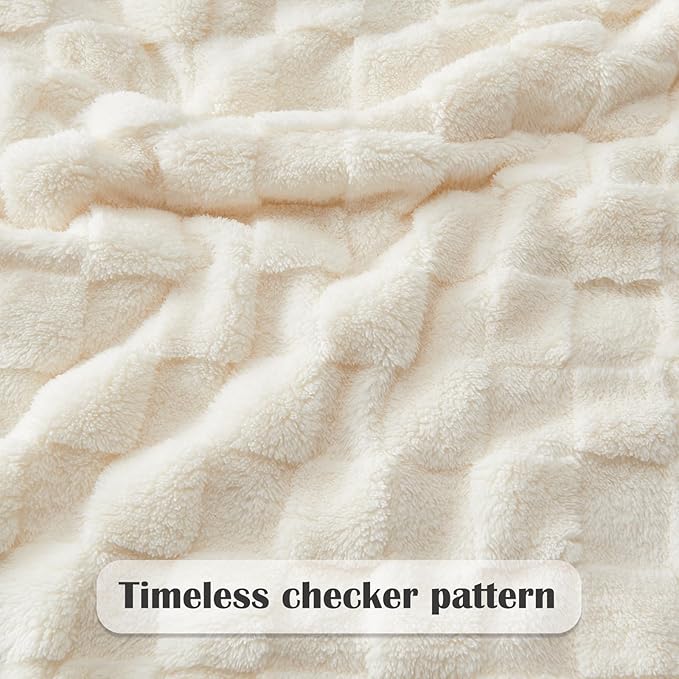 NEWCOSPLAY Super Soft Queen Blanket Ivory Premium Silky Flannel Fleece 3D Checkered Lightweight Bed Blanket All Season Use (Ivory Checkered, Queen(90"x90"))