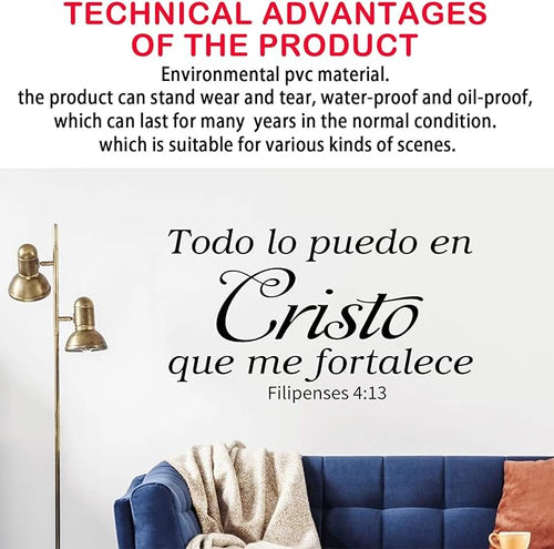 AnFigure Vinilos Decorativos para Pared, Frases para Decorar Pared En Español, Dios Biblicos Calcomanias Quotes Home Art Decor Vinyl Stickers Spanish Todo Lo Puedo En Cristo Que Me Fortalece 21"x12"
