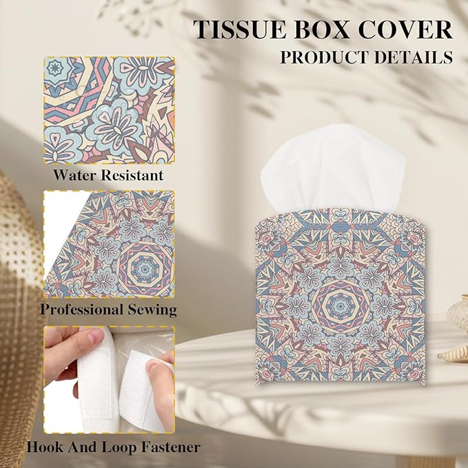 Vintage Boho Tissue Box Cover, Tissue Holder Square with Bottom Belt for Home Bathroom Office Vanity Countertop, Housewarming Gifts Ideas for Women Friends Mom Bestie -11