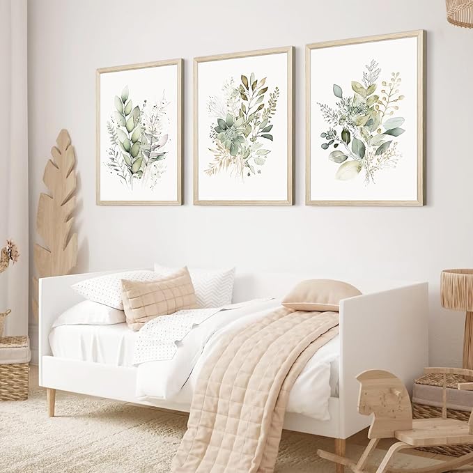 Watercolor Botanical Wall Art Set of 3 Boho Floral Canvas Wall Decor Prints Sage Green Wildflower Wall Art Modern Flower Pictures Botanical Painting for Bedroom Bathroom 12x16 Inch Wood Framed