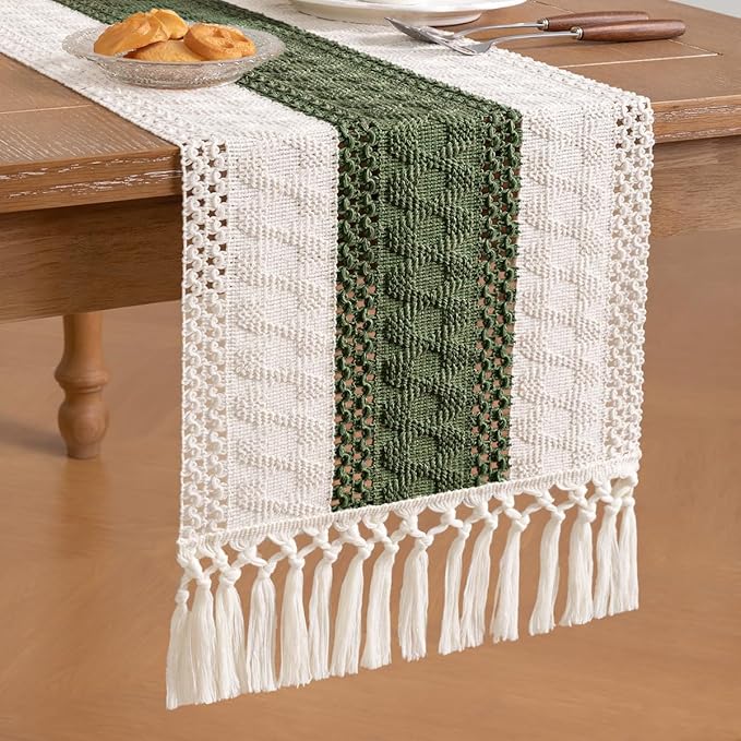 Socomi Boho Table Runner Easter Spring Farmhouse Rustic Dining Kitchen Centerpiece Decor Small Macrame Woven Cotton Linen Coffee Table Runner for Dresser Scarf Home Decor 12x72 inch Olive Green