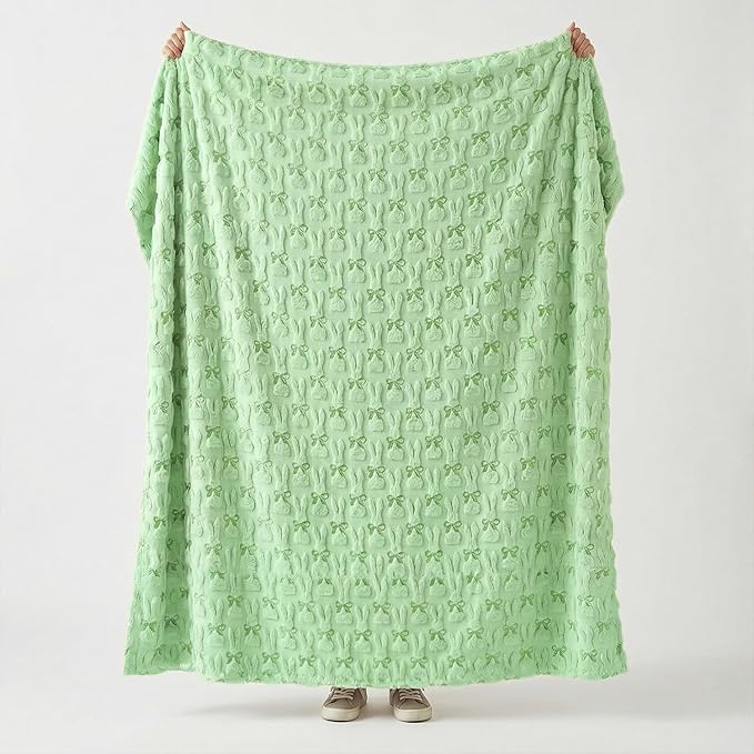Horaldaily Easter Solid Blanket Throw, Green Rabbits Bow Soft Fuzzy Plush Faux Fur Cozy Blankets for Couch Sofa Bed Lounging, Ideal Gifts for Kids Adults Wife Self, 60x80