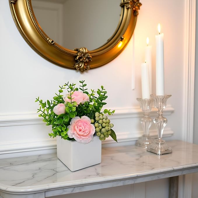 LADADA Artificial Pink Peony Flowers with Eucalyptus and Green Berries in White Square Vase - Fake Floral Arrangement for Home Decor, Table Centerpiece, Bathroom, Office, Wedding, Farmhouse Decor