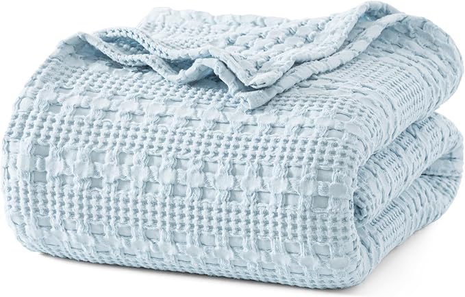 PHF 100% Cotton Waffle Weave Blanket Twin Size for Bed, Soft Lightweight & Breathable for Spring and Summer, All-Season Comfort, Luxury Aesthetic Blanket for Home Decor, 66"x90", Sky Blue