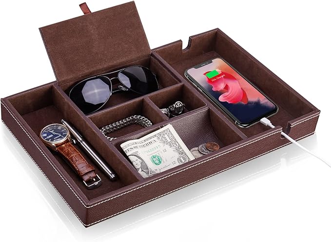 Baoyun Mens Nightstand Organizer, Leather Valet Tray for Men, EDC Catchall Tray with Phone Charging Station, Dresser Top Organizer, 6 Compartments Entryway Valet Box for Wallet, Keys, Phone