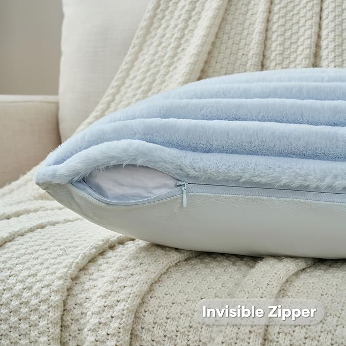 FUTEI Light Blue Decorative Throw Pillow Covers Set of 2, 18x18 Inch Soft Fluffy Faux Fur Plush Striped Cushion Cases, Modern Home Decor for Couch Bed Living Room