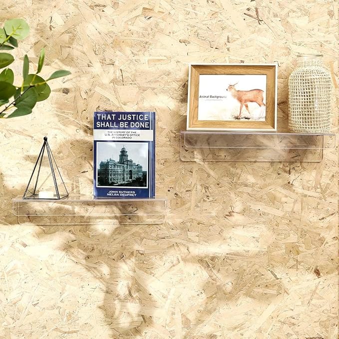 6 Pack Clear Acrylic Shelves for Wall with Adhesive,15 Inch No Drill Floating Shelves for Bathroom,Bedroom,Renter Friendly,Kids Room Bookshelf,Wall Display Shelf for Lego,Funko Pop,Figurine,Perfume
