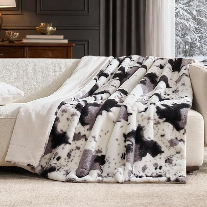 Cozy Bliss Cow Print Faux Fur Throw Blanket, Animal Printed Blankets Super Soft Warm Thick Fluffy Throws Home Decor for Couch Bed Sofa Women (Black&Grey Cow, 50x60 Inches)