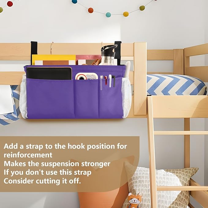 DOMIKING Dark Purple Bedside Caddy for Dorm Bed Recliner Armrest Organizer with Hooks Haning Storage Pockets for Remote Control Couch Recliner