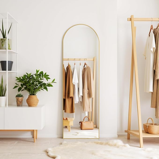 Full Length Mirror 59"x16" Full Body Mirror Arched Free Standing Wall Mounted Leaning Floor Mirrors with Stand Aluminum Alloy Frame for Bedroom Cloakroom, Matte Gold