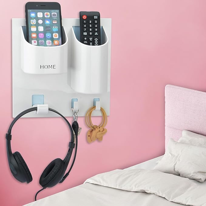 Bedside Shelf Organizer,Stick On Adhesive Wall Mounted Floating Shelf Holder for Phone,Headset,Reading Glasses,Remote Control - Good for Home,Dorm,Bedroom,Office (Vertical Type/White)