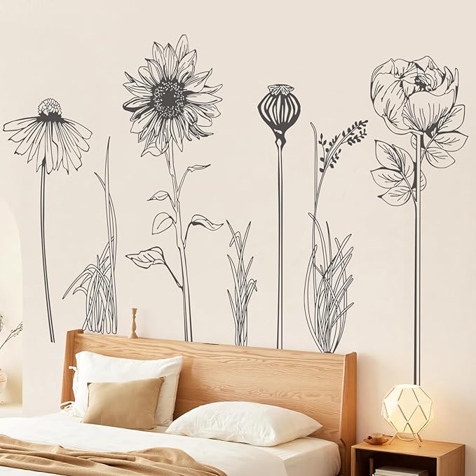Extra Large Black Flower Wall Decals Simple Sketch Wildflower Floral Wall Stickers for Girls Bedroom Living Room Bathroom Office Adult Home Decor