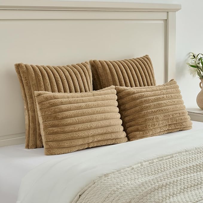 FUTEI Camel Decorative Throw Pillow Covers Set of 2, 18x18 Inch Soft Fluffy Faux Fur Plush Striped Cushion Cases, Modern Home Decor for Couch Bed Living Room