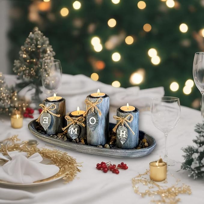 Wooden Candle Holders Centerpieces for Living Room Coffee Table Decorations,Farmhouse Table Decor Tealight Candles Holders with Rustic Tray,Candlesticks for Home Decoration Fireplace Kitchen