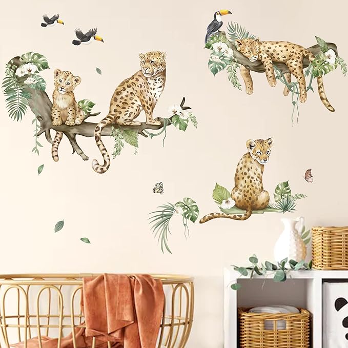 decalmile Leopard Safari Wall Decals Jungle Animals Cheetah Wall Stickers Baby Nursery Boys Girls Bedroom Playroom Home Decor