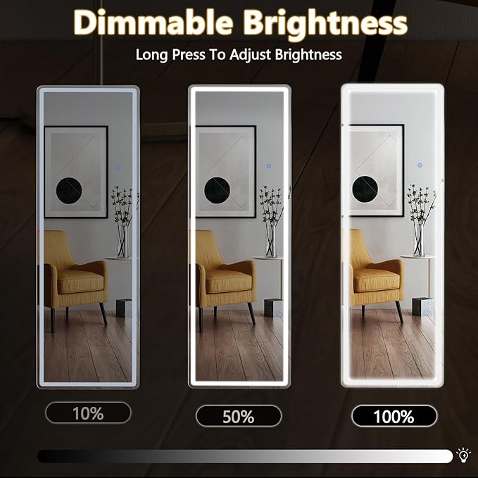 Sweetcrispy Full Length Mirror with LED Lights, 65"x21" Lighted Floor Mirror with Dimming & 3 Color Lighting, Stand for Bedroom, Dressing Room