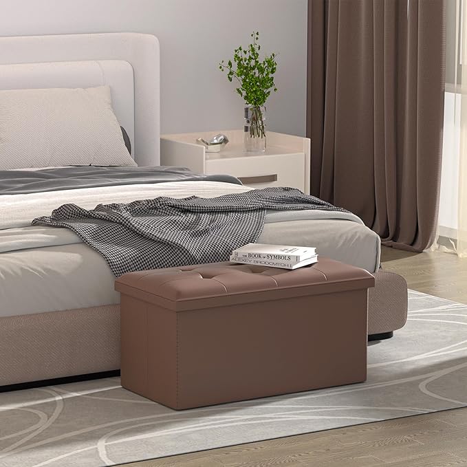 MoNiBloom 30 Inch Storage Ottoman Bench, 24 Gal. Folding Ottoman Footrest, End of Bed Bench, Rectangle Foot Stool, Supports 600 lbs, for Bedroom, Living Room, Entryway, Hallway, Brown