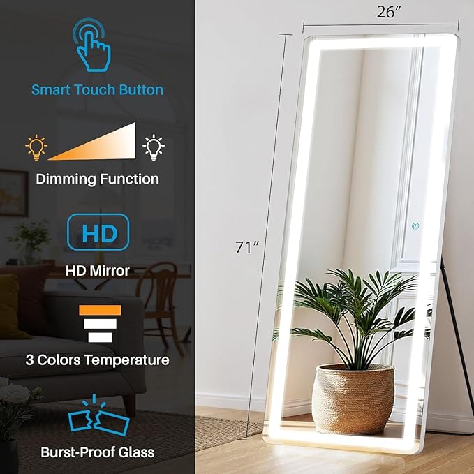 NEWBULIG Full Length Mirror with Stand 26"×71.1", LED Light Floor Standing with 3 Color Lighting for Bedroom Body Hanging Modern Simple Home Decor Wall Living Room Cloakroom