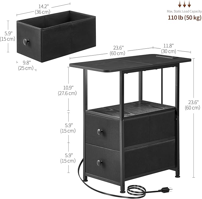 Narrow End Table with Charging Station, Narrow Side Table with 2 Fabric Drawers, Slim Nightstand with LED Light, Small Bedside Table with Storage, Living Room, Bedroom, Black HKET1203BK