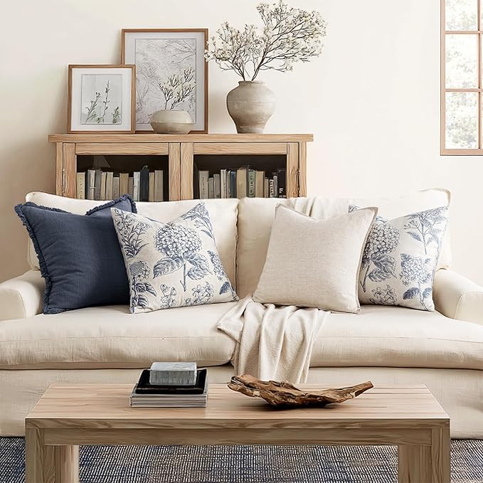 Set of 2 Decorative Floral Euro Sham Pillow Covers 24x24 Inch Light Blue Hydrangea Print Spring Boho Vintage Throw Cushion Covers for Sofa Couch Porch Bedroom Living Room Summer Home Decor