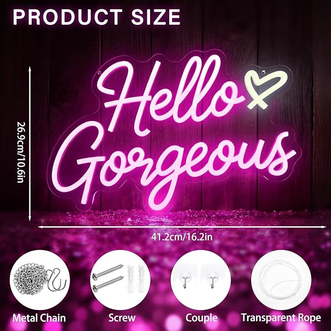 Hello Gorgeous Neon Signs for Wall Decor, Hello Beautiful Pink LED Neon Lights Sign with Dimmable Switch for Girls Bedroom, Makeup Room Decor, Wedding, Birthday Party (Pink)