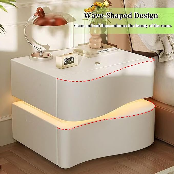 Modern Nightstand with LED Light, Leather Night Stand with Drawer, Solid Wood Bedside Table (2 Drawers, White)