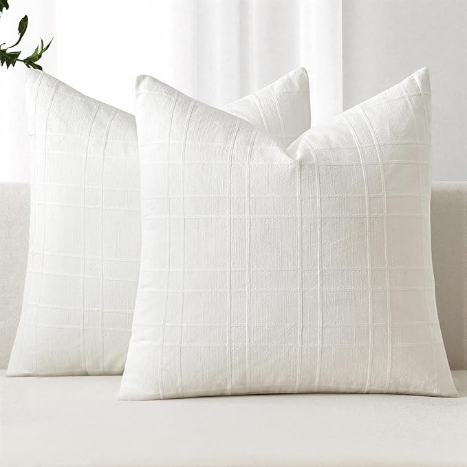 MIULEE Decorative Linen Check Throw Pillow Covers Neutral Farmhouse Vintage Pillow Covers 20x20 Set of 2 Boho Modern Home Decor for Sofa Couch Bedroom Cushion Cream White