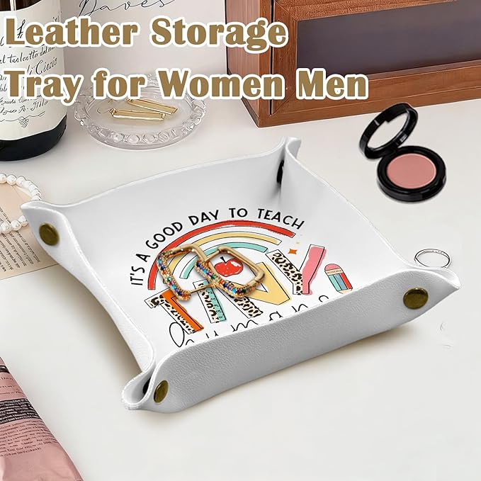 Teacher Gifts Jewelry Valet Tray for Women Men, Teacher Appreciation Gifts PU Leather Catchall Beside Caddy Nightstand Organizer Tray for Jewelry Rings Watches and Accessories,7.87x7.87