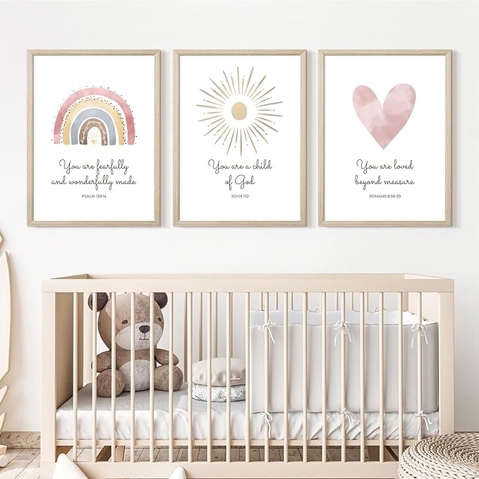 Boho Nursery Wall Art 3 Pieces Bible Verse Nursery Art Christian Girls Nursery Wall Art Heart Rainbow Sun Nursery Art Print Boho Sunshine Decor for Girl Baby Kid Room Decor 12x16 Inch Wood Framed