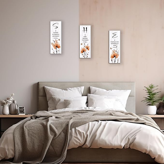 DONFENTHY 3 Pieces Orange Bedroom Decor Orange Floral Bathroom Decor Wooden Hanging Wall Art Christian Quotes SHE Word Sign Gift for Women Bedroom Living Room Office (12x4 Inch)