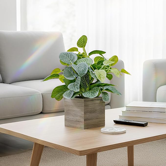 2 Pack Medium Fake Plants with 4 Inch Wooden Planters, 12" Tall Indoor Artificial Plants for Shelves, Desktop, Bedroom, Office Decor