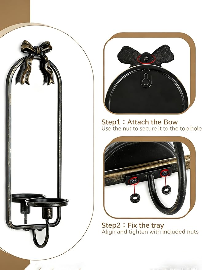 Candle Sconces Black Wall Decor: Set of 2 Metal Wall Candle Holder Decorative for Taper Pillar Candles - Vintage Bow Sconces Art for Fireplace Bathroom Livingroom