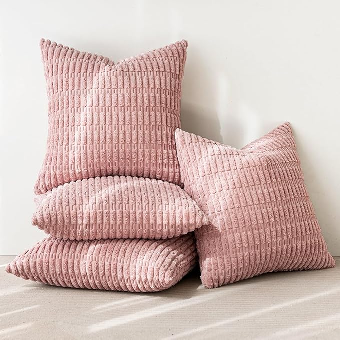 MIULEE Pack of 4 Blush Pink Corduroy Decorative Valentines Throw Pillow Covers 18x18 Inch Soft Spring Boho Striped Pillow Covers Modern Farmhouse Home Decor for Sofa Living Room Couch Bed