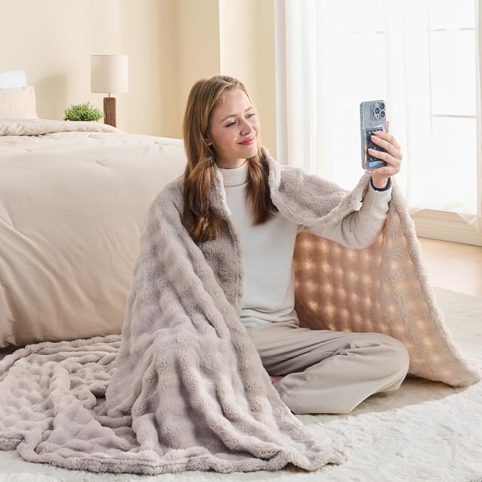 NEWCOSPLAY Throw Blanket for Couch Linen Super Soft Flannel Fleece 3D Bubble Lightweight Bed Blanket All Season Use (Linen, Throw(50"x60"))