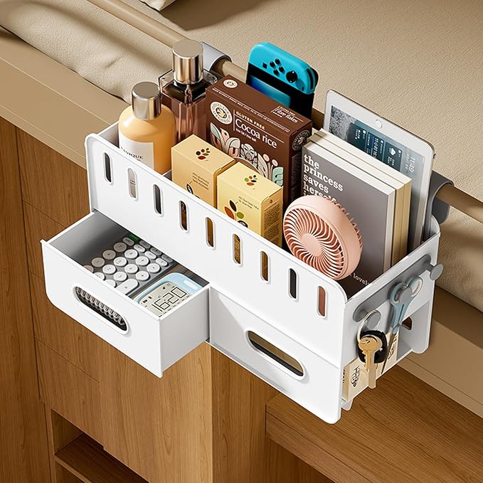 yarlung 2 Pack Bedside Organizer Hanging Caddy, Bunk Bed Shelf Plastic Storage Basket with Hooks for Bed Rail, Tissues, Remote Holder, Dorm, Bathroom, 2 Colors