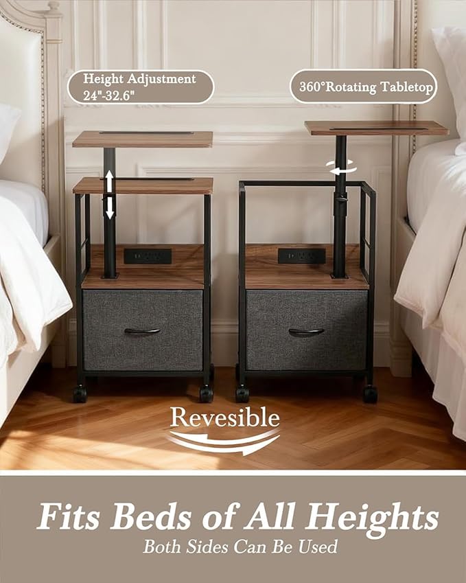360° Swivel Nightstand with Height Adjustable, Lift Top Bedside Table with Charging Station, Rolling Night Stand with Fabric Drawer, End Table with Wheels, for Bedroom, Living Room, Walnut Gray
