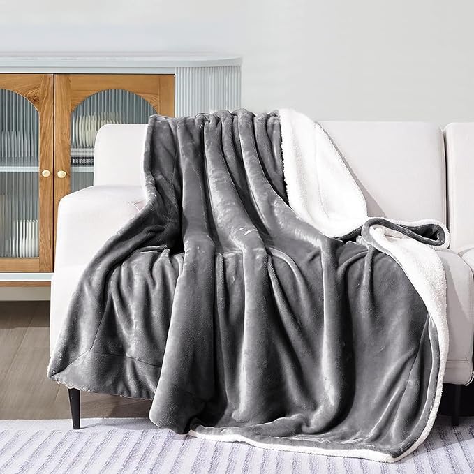 MOONLIGHT20015 Sherpa Fleece Twin Blanket - (Grey, 60X80 Inches) Warm and Fluffy Blankets for Winter - Reversible Thick and Cozy Twin Size Blankets for Bed, Camping and Travel