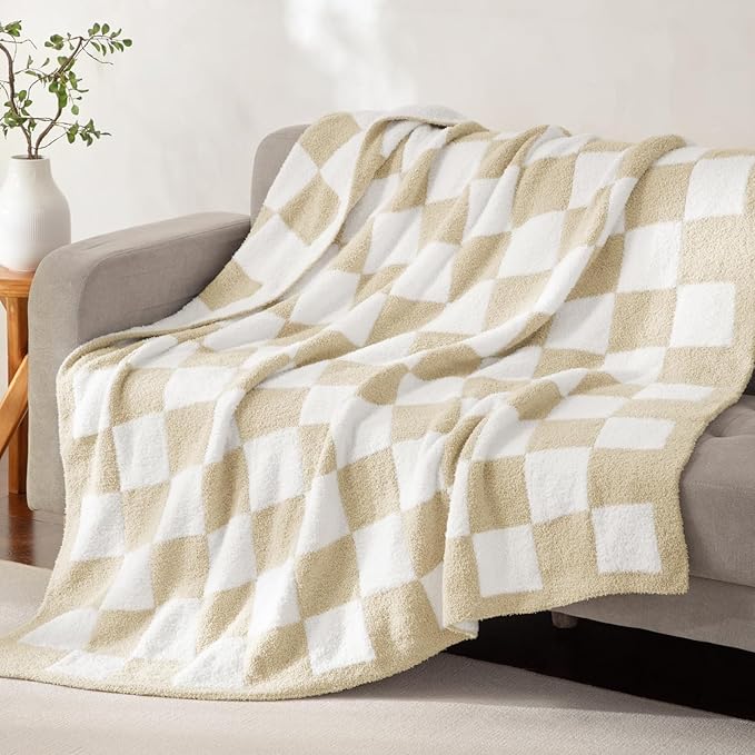 Whale Flotilla Checkered Knit Throw Blanket, Ultra Soft Warm Reversible Cozy Decorative Blankets for Couch Sofa and Bed, 50x60 Inch, Camel