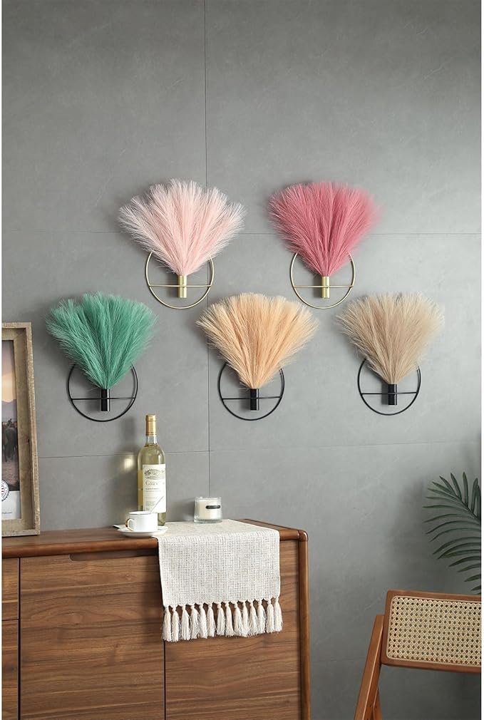 Pretty Jolly Boho Wall Decor - Hanging Artificial Pampas Display for Living Room, Bedroom, Bathroom, Dining Room - Metal Wall-Mounted Plant Art 2 Pack