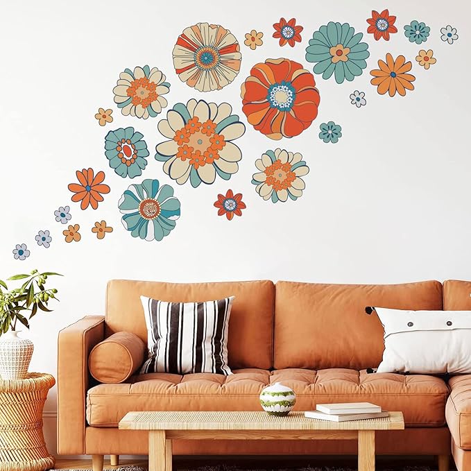 Supzone Boho Retro Floral Wall Decals Large Vintage Flower Wall Stickers Colorful Hippie Flower Wall Art Stickers for Bedroom, Living Room, Offices, Sofa, TV Backdrop Decoration