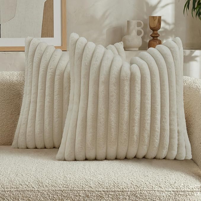 FUTEI Beige Decorative Throw Pillow Covers Set of 2, 16x16 Inch Soft Fluffy Faux Fur Plush Striped Cushion Cases, Modern Home Decor for Couch Bed Living Room
