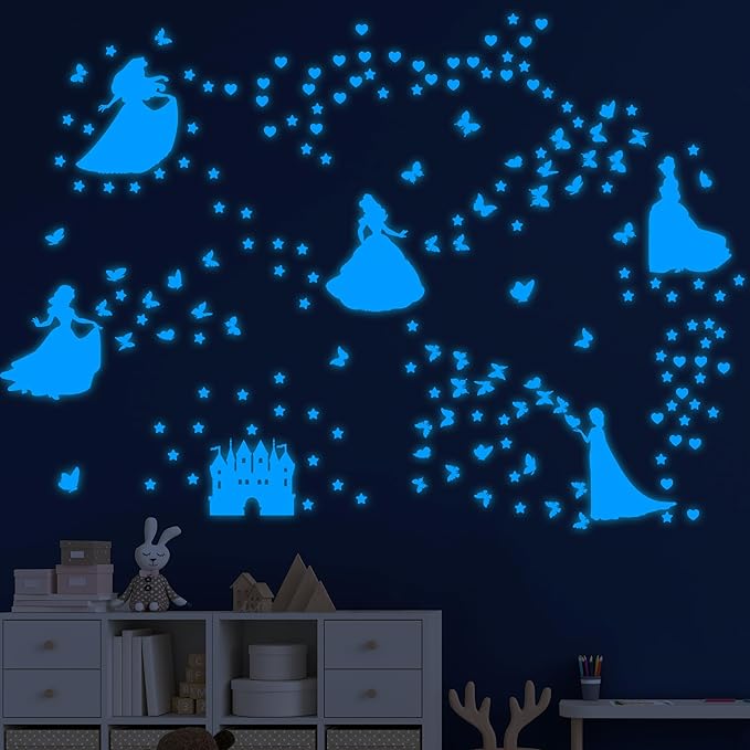 Glow in The Dark Princess Castle Wall Sticker, Self-Adhesive Star Butterfly Wall Decal for Girl's Room, Fluorescent Sticker for Ceiling Nursery (Blue)