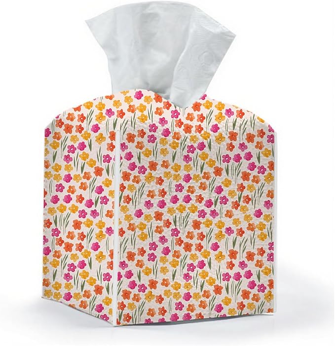 Tissue Box Cover, Tissue Box Holder, Square with Belt Bottom, PU Leather Decorative Organizer for Desk, Tabletop, Countertop Bathroom, Bedside Car, Office, Dresser Kitchen, Aesthetic Flower Decor