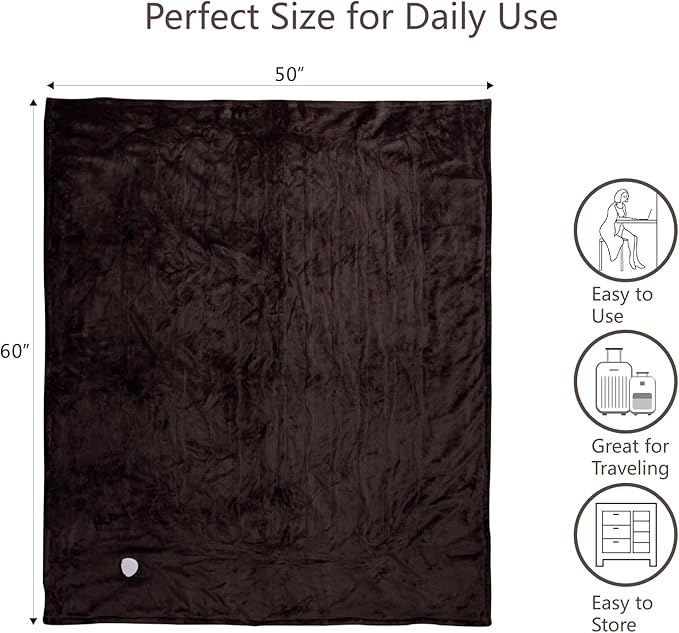 Tefici Electric Heated Blanket Throw, Super Cozy Soft 2-Layer Flannel 50" x 60" Heated Throw with 3 Heating Levels & 4 Hours Auto Off, Machine Washable, ETL&FCC Certified, Home Office Use,Brown