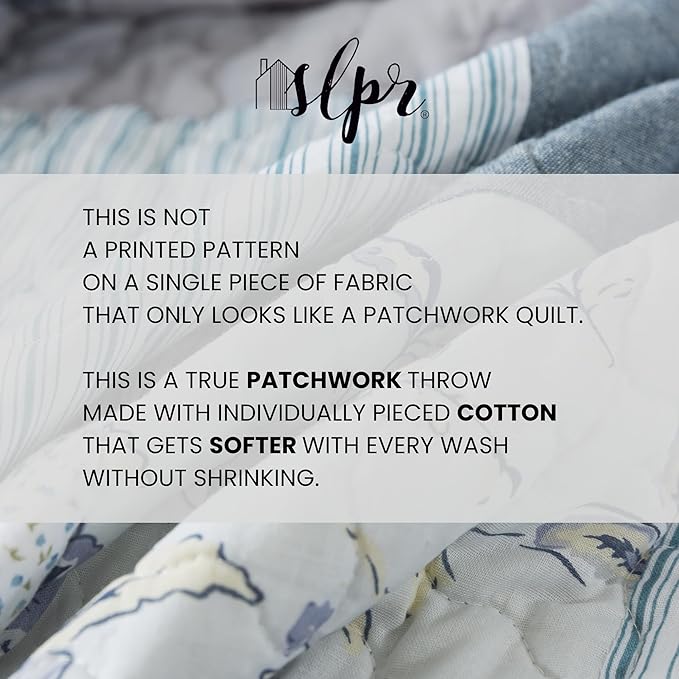 SLPR Cotton Quilted Throw Blanket, 50" x 60" Floral Farmhouse Patchwork Quilt, Shabby Chic Patchwork Throw Lap Quilt for Couch, Coastal Dream
