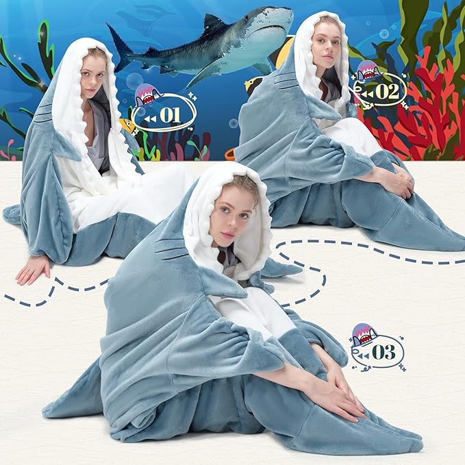 Touchat Shark Blanket Onesie Costume for Adult, Super Soft Cozy Flannel Cartoon Throw Wearable Blanket Hoodie Sleeping Bag Cosplay Gifts for Shark Lovers (Blue, XXL)