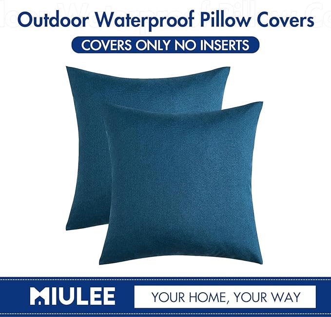 MIULEE Pack of 2 Decorative Outdoor Solid Waterproof Throw Pillow Covers Euro Sham Faux Linen Garden Farmhouse Coastal Cushion Cases for Summer Patio Tent Balcony Couch Sofa 22x22 Inch Blue