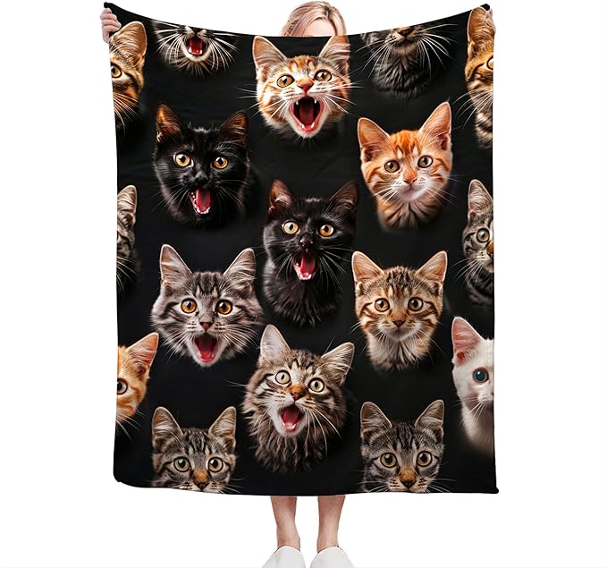 Flannel Cat Throw Blanket, 80"x60", White, Modern Style, Warm, Moisture-Wicking, Perfect for Napping, Reading, Camping, Travel