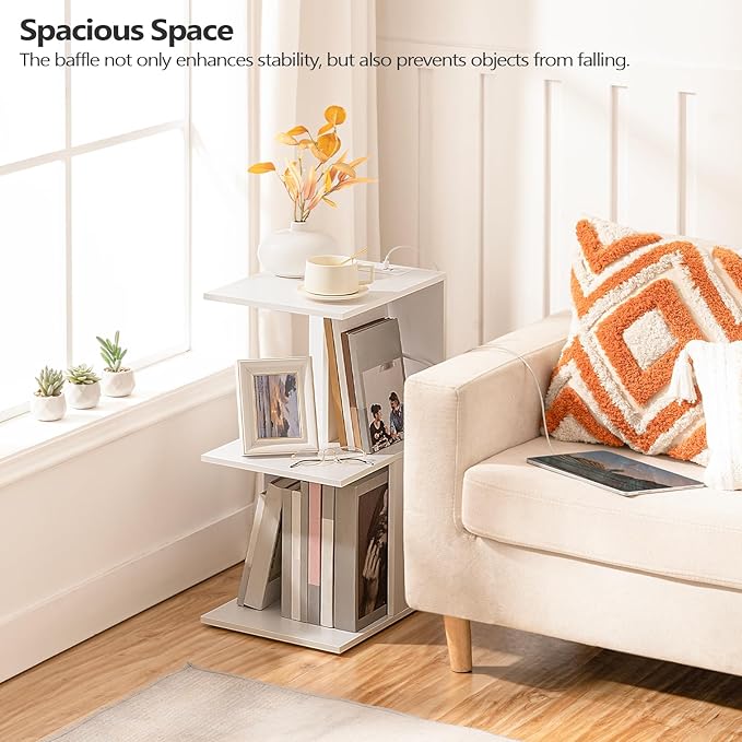 Modern End Table with Charging Station, Narrow Side Table for Small Spaces with 2 Open Storage Shelf, Narrow Nightstand with Light, Thin Bedside Table for Living Room, White ETWT18E01Z