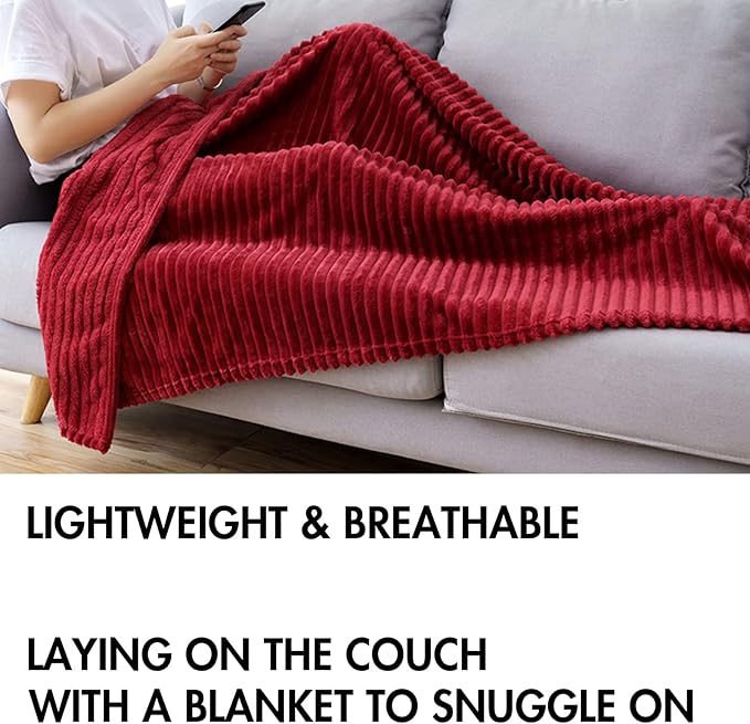 MIULEE Fleece Throw Blanket for Couch 300GSM Super Soft Lightweight Plush Striped, Burgundy Red Warm Cozy Breathable Ribbed Blanket for Bed/Sofa, Throw Size 50"x60"